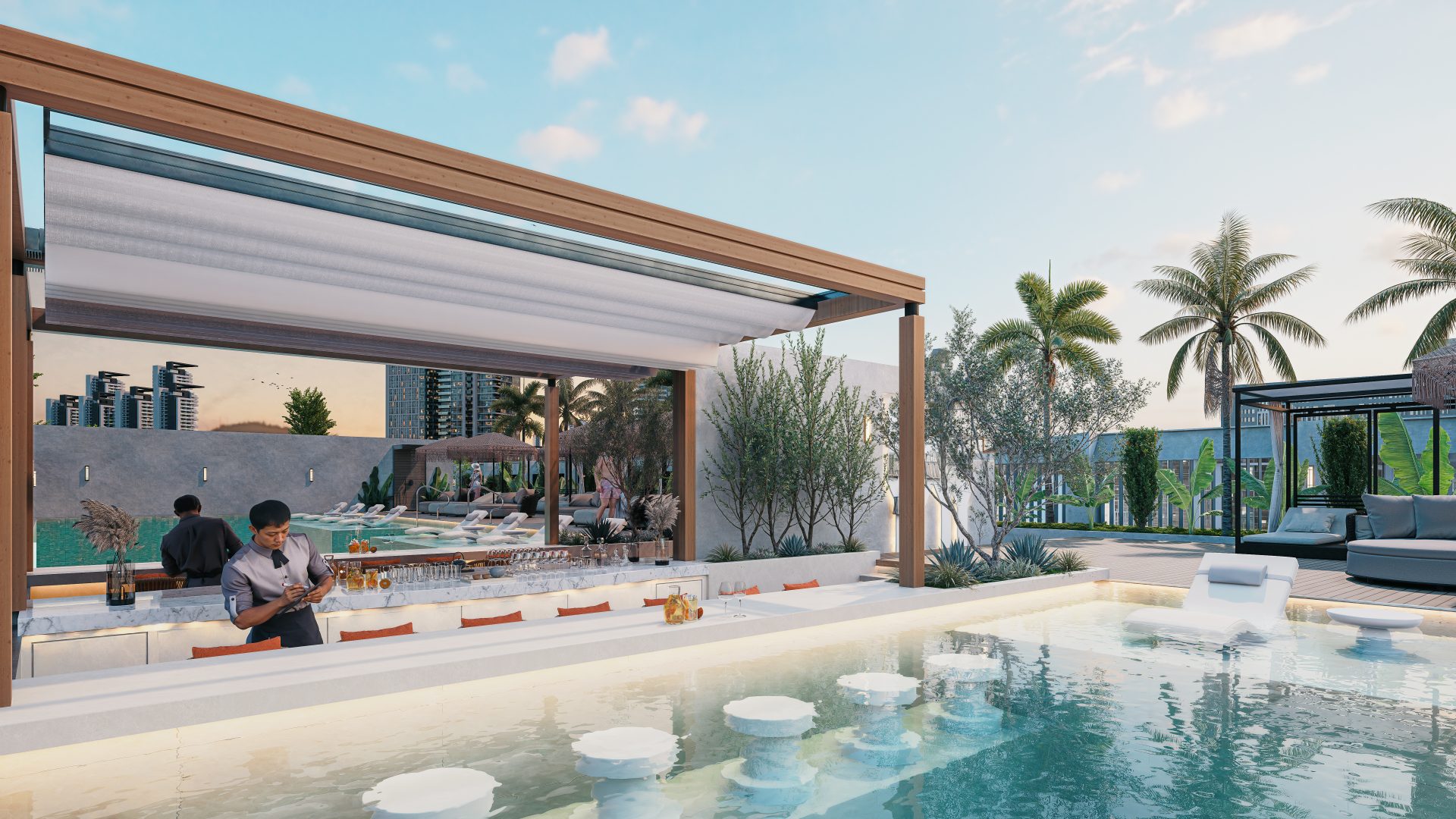 Exclusive Rooftop Swimming Pool Bar and Lounge Area at The Collective Off-Plan Apartments in Dubai South