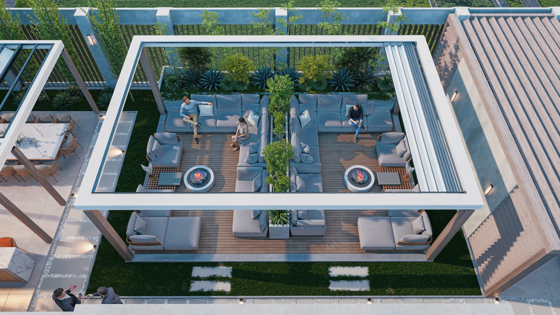 Aerial View of Luxury Outdoor Lounge and Fire Pit Terrace at The Collective Off-Plan Properties in Dubai South