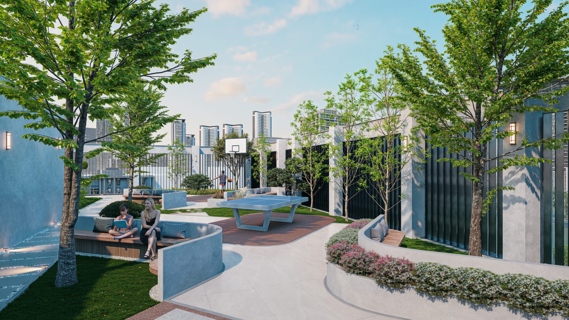 Outdoor Multi-Purpose Sports Court with Basketball Hoop at The Collective Off-Plan Apartments in Dubai South