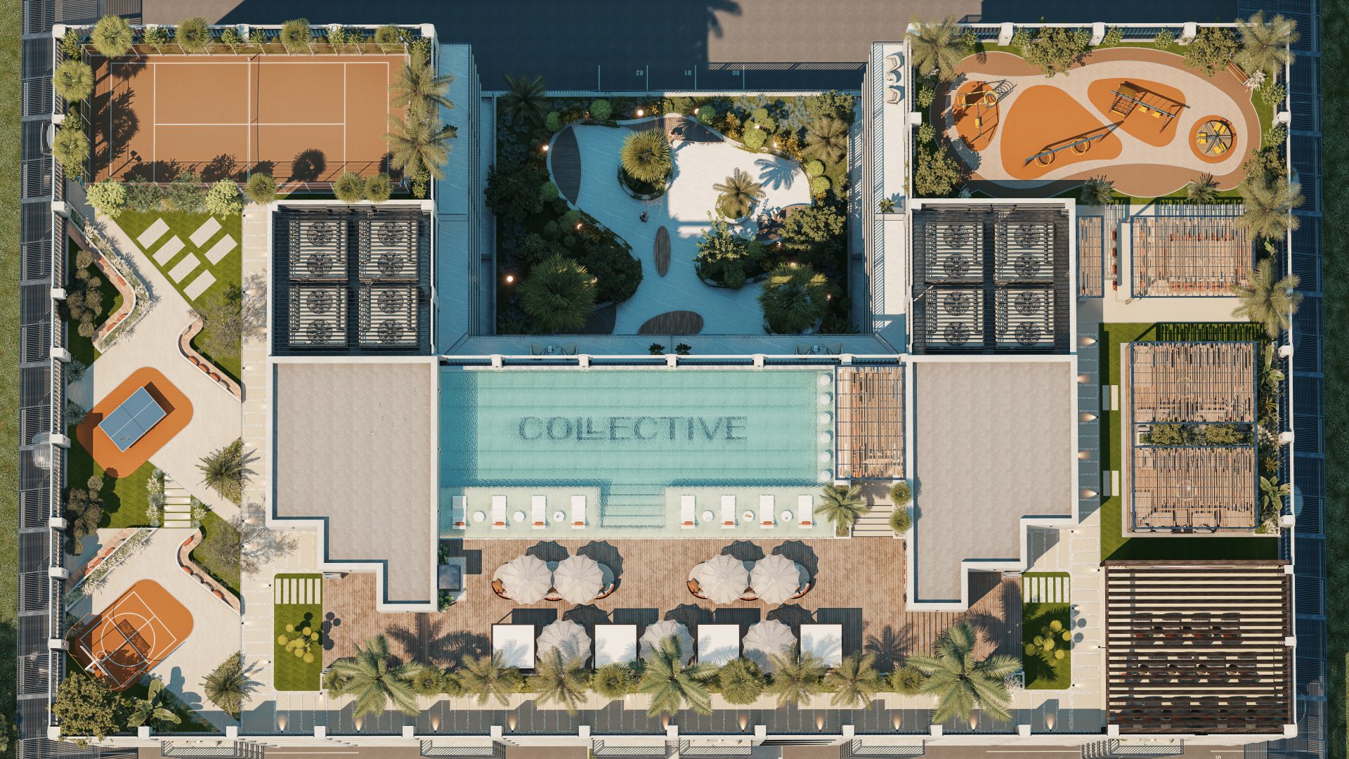 Aerial View of The Collective Amenities Deck, showing Pool, Tennis Court, and Gardens at Off-Plan Properties in Dubai South