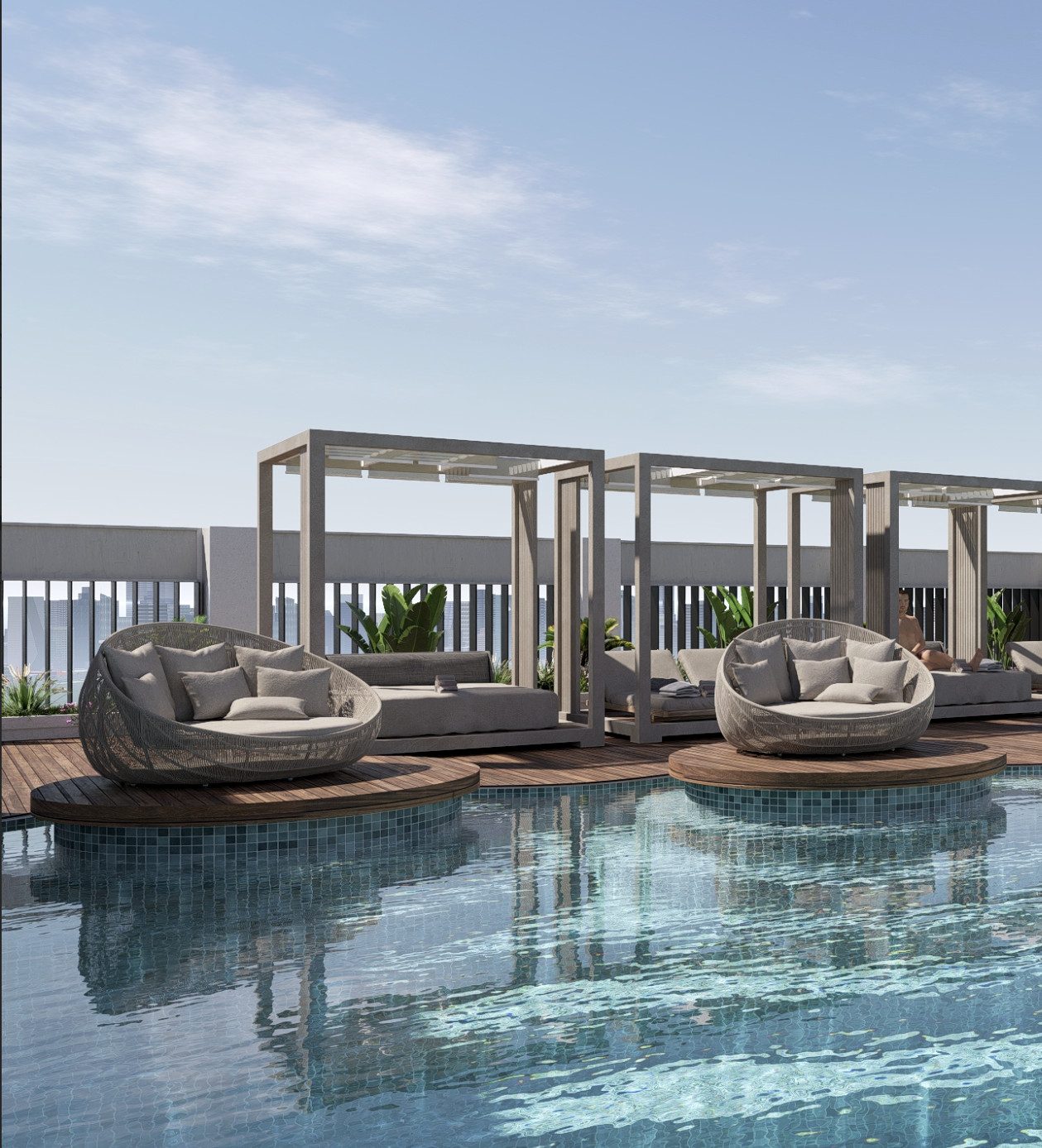 Luxurious Rooftop Swimming Pool and Shaded Cabanas at The Collective Off-Plan Apartments in Dubai South