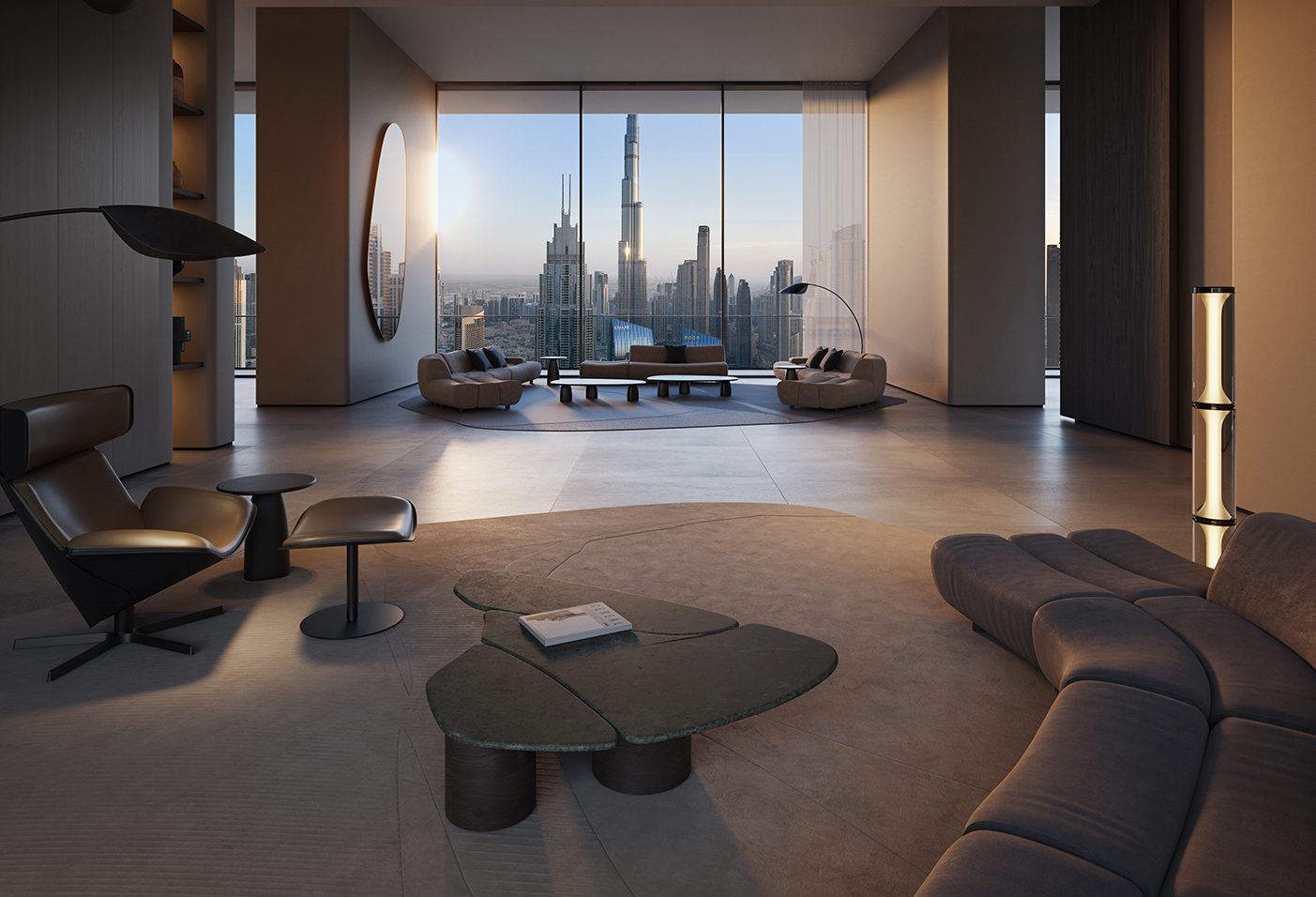Luxury Interior Living Room and Seating Area with Burj Khalifa View from The Collective Off-Plan Apartments in Dubai South