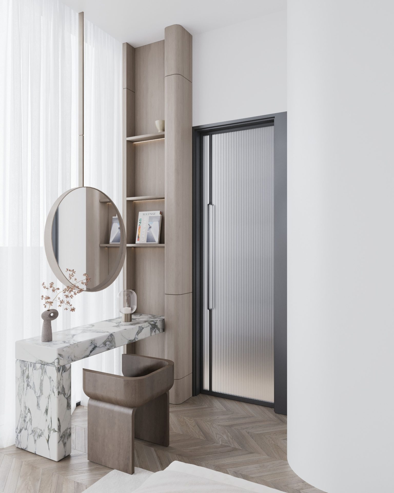 Luxurious Bedroom Vanity and Dressing Area with Marble Countertop at The Collective Off-Plan Apartments in Dubai South
