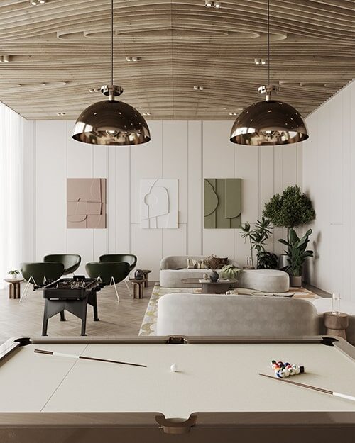 Luxurious Game Room Interior with Pool Table, Foosball, and Custom Art at The Collective Dubai South Apartments